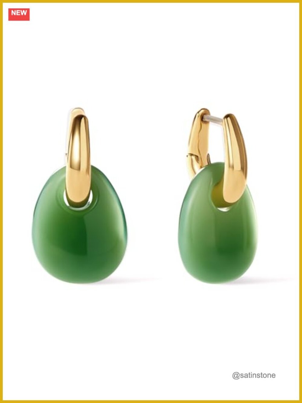 14K Gold Plated Drop Hoop Earrings with Green Stone Dangle